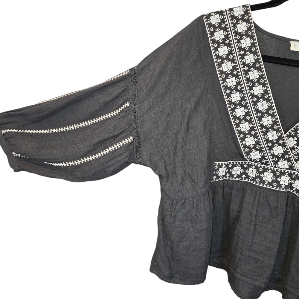 Lucky Brand Embroidered Cotton Peasant Blouse Boho V-Neck Balloon Sleeve Size M. - Picture 7 of 16
